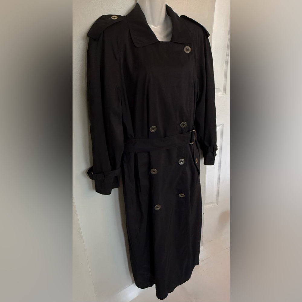 Jones New York Trench Coat M 8 10 Vintage 80s Long Black Double Breasted Spring - Picture 3 of 11